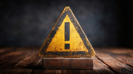 Rustic exclamation point warning sign on a wooden surface. Symbolizes caution, attention, and potential hazards with a vintage feel.
