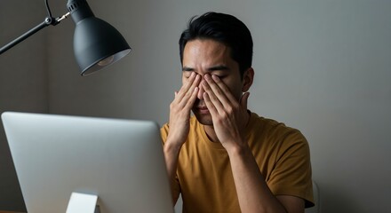 Man rubbing eyes at screen with soft studio light and centered minimalist composition in neutral