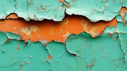 Peeling teal and orange paint on weathered surface