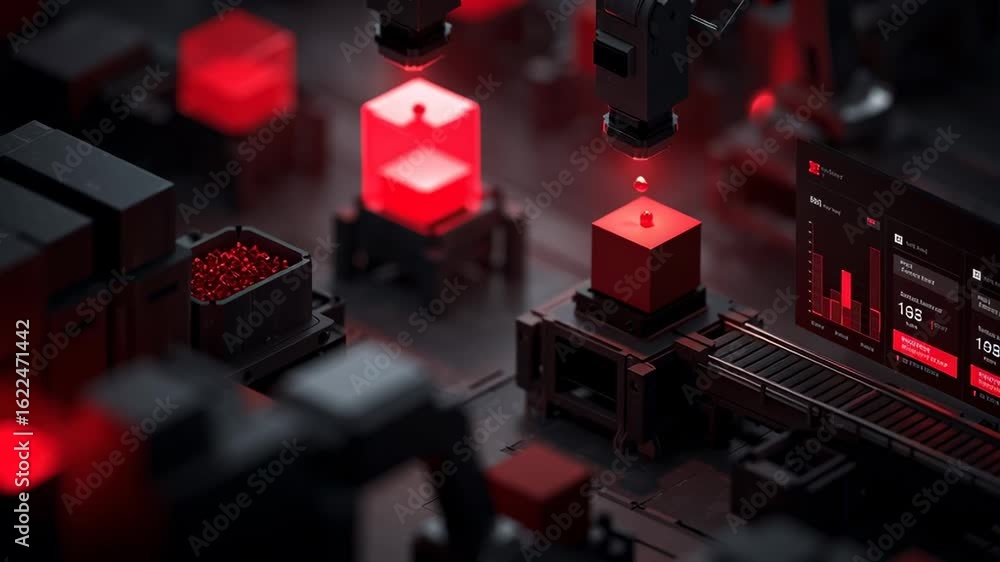 Poster Automated factory in isometric view showcasing robotic precision and advanced technology in production process