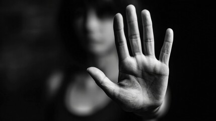 A person stands defiantly in a dark environment, raising their hand to signal a boundary while conveying a powerful message against harassment. The focus is on their determined expression