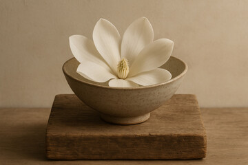 Minimalist white lotus flower in ceramic bowl on wood block with soft neutral background