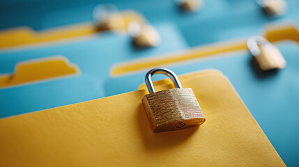 Secure Documents: Padlock on yellow folder amidst a stack, symbolizing confidential data protection and file security, highlighting the importance of privacy.