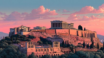 Fototapeta premium Stunning cityscape of athens with a dreamy pink sky during a breathtaking sunset view
