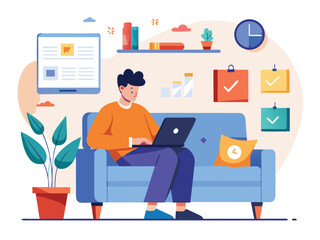 Man working on laptop on blue sofa with task boards and plant vector