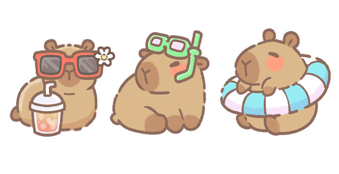 3 Capybara Cute Summer Beach Activity Element Collection Set with Transparent Background &ndash; Capybara, Sunglasses, Wearing Goggle, Wearing Float