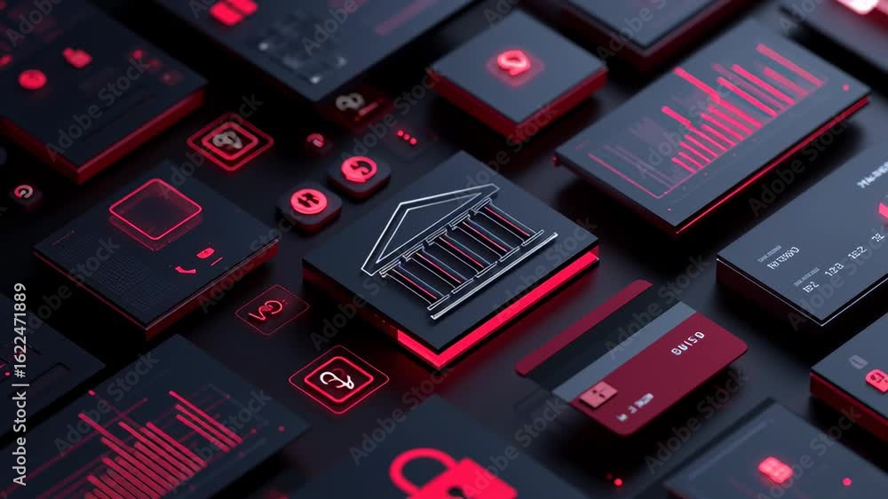 Poster exploring isometric design elements in digital banking with modern interfaces and vibrant colors