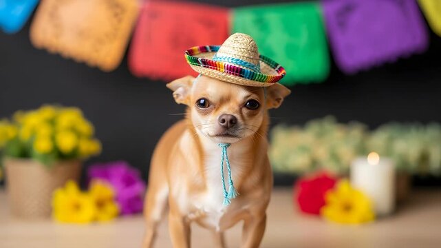 Tan Chihuahua Dog Wearing a Sombrero Hat Among Flowers And Candles With Garland Banners on Black Background