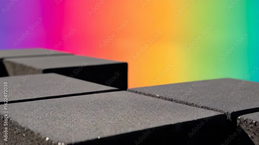 Aufkleber textured gray blocks in geometric pattern against a vibrant rainbow spectrum background