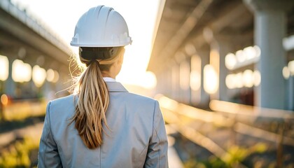 Woman in hard hat, back view, surveying a large construction project at sunset