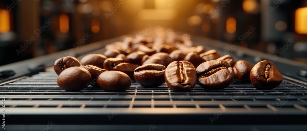 Poster close-up view of roasted coffee beans spread out on a baking rack in a warm ambient setting with blu