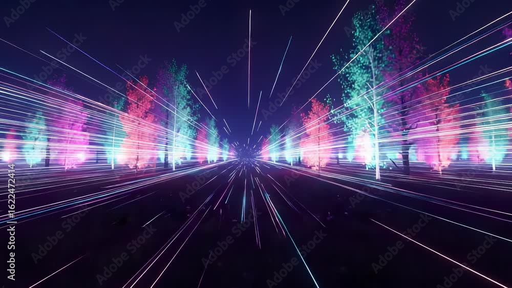 Canvas Prints vibrant glowing trees along a dark road with dynamic light streaks creating a futuristic and abstrac
