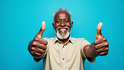 Happy senior man with gray beard smiling broadly and giving two thumbs up against vibrant turquoise background, symbolizing approval and success
