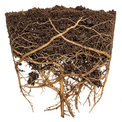 Photorealistic Soil Sample: Intertwined Roots and Growth on White. High Detail.