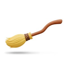 3D Cartoon Witch Broomstick — Halloween Flying Broom Icon or Magical Fantasy Object Illustration