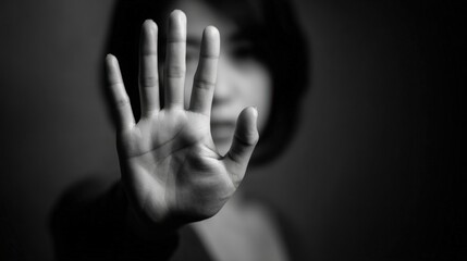 Obraz premium A person stands defiantly in a dark environment, raising their hand to signal a boundary while conveying a powerful message against harassment. The focus is on their determined expression