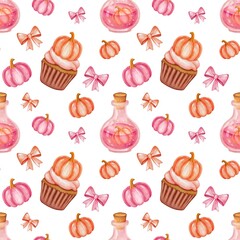 Seamless Halloween-themed pattern in pink tones featuring pumpkins, cupcakes, spiders and webs, candles, and bows
