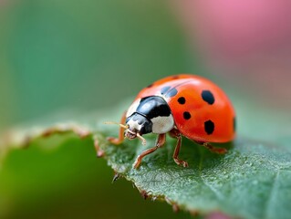 Fototapeta premium Close - up Photography of Seven - spot Ladybug on Green Leaf, for Natural Science Popularization, Ecological Photography, Microorganism Scenarios