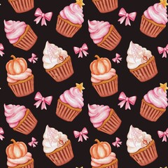 Seamless Halloween-themed pattern in pink tones featuring pumpkins, cupcakes, spiders and webs, candles, and bows