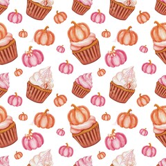 Seamless Halloween-themed pattern in pink tones featuring pumpkins, cupcakes, spiders and webs, candles, and bows