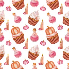 Seamless Halloween-themed pattern in pink tones featuring pumpkins, cupcakes, spiders and webs, candles, and bows