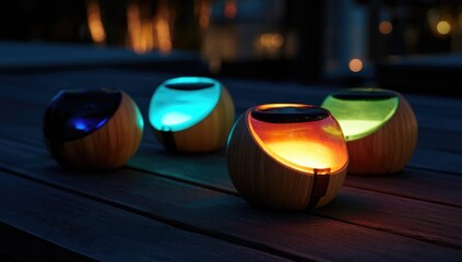 Four colorful, glowing orbs on a wooden table at night