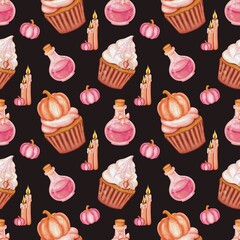 Seamless Halloween-themed pattern in pink tones featuring pumpkins, cupcakes, spiders and webs, candles, and bows