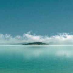 Naklejka premium Tranquil island in a vast, teal-colored sea, hazy clouds