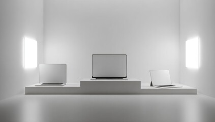Three light gray laptops on small podiums, bright white room