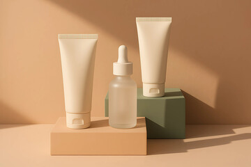 Minimalist Skincare Product Mockup with Tubes and Dropper Bottle on Neutral Background