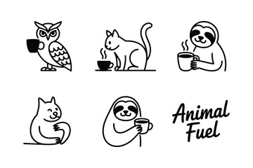 Fototapeta premium Owl cat sloth drinking coffee beverage vector