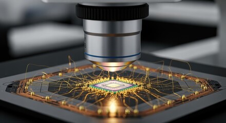 Precision microscope focusing on complex wirebond layouts around a quantum qubit chip for improved coherence and connectivity.