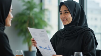 Young muslim business people wearing black hijab presenting business report in meeting.

