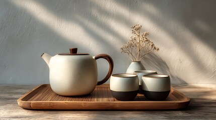 Modern minimalist tea set with bamboo tray illuminated by natural sunlight, blank wall for text copy, concept of tranquility, simplicity, and balanced lifestyle interior design.