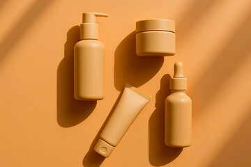 Monochromatic Cosmetic Product Mockup in Warm Peach Tone with Pump, Jar, Tube, Dr