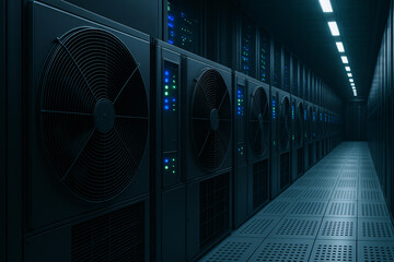 Dark Server Room with Cooling Fans and LED Lights in a High-Tech Data Center
