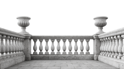 Elegant stone balustrade with decorative urns and stone paving, showcasing classical architectural design and craftsmanship.