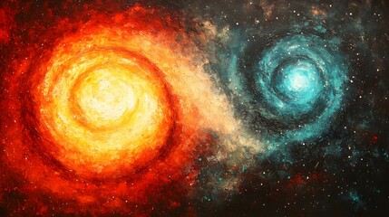 Fototapeta premium Abstract Cosmic Nebula Painting Orange Blue Stars