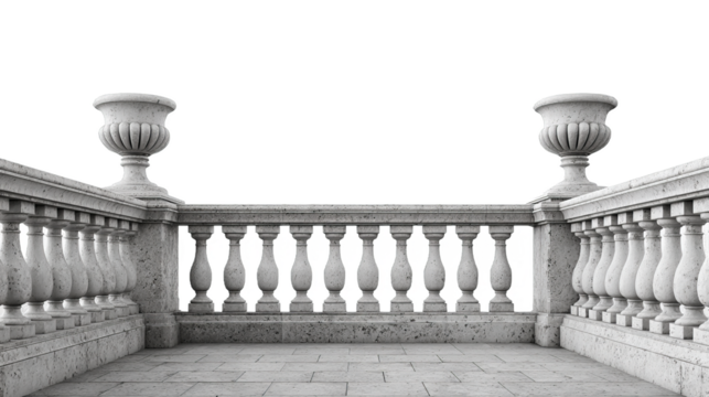 Elegant stone balustrade with decorative urns and stone paving, showcasing classical architectural design and craftsmanship.