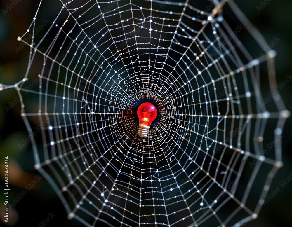 Poster intricate spider web with glowing red object