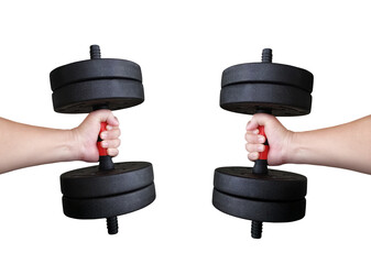 Dumbbells in two hands of a man PNG transparent.