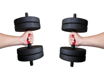Dumbbells in two hands of a man PNG transparent.