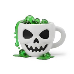 3D Halloween Skull Mug with Bubbling Green Slime — Spooky Drink or Poison Potion Cup Illustration