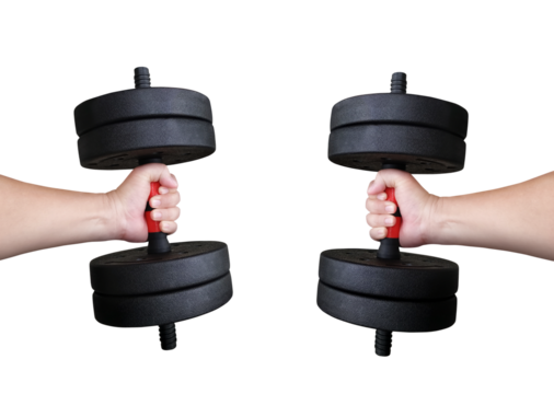 Dumbbells in two hands of a man PNG transparent.