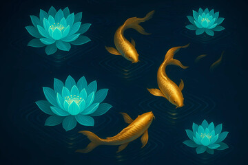 Elegant Illustration of Gold Koi and Glowing Cyan Water Lilies in a Serene Night Pond