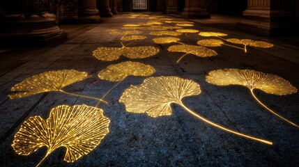 Ginko leaf light projections on old stone floor inside a hall with pillars, warm lighting