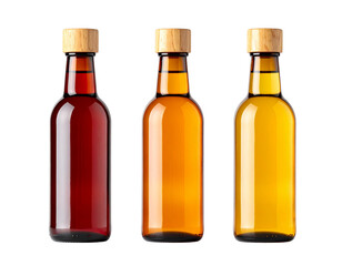 Set of Three Amber Glass Bottles with Wooden Caps on White Background