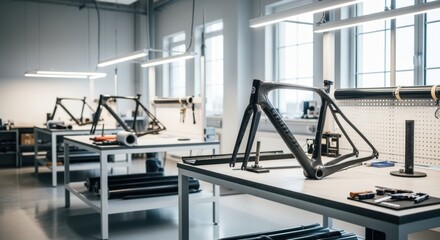 Obraz premium Modern layup room bathed in bright light highlighting partially constructed carbon bicycle frames on workbenches.
