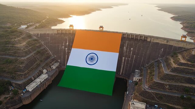 Aerial view of the sardar sarovar dam on the narmada river in gujarat, india, adorned with the indian flag, symbolizing independence, republic day, and hydroelectric power generation