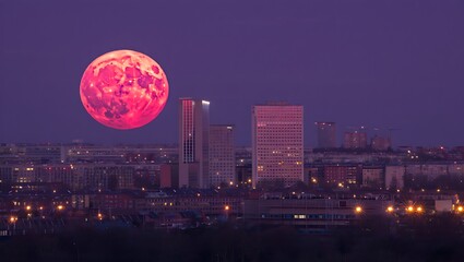Fototapeta premium Vibrant pink moon rises over city skyline at dusk